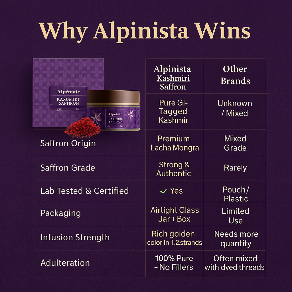 Comparison chart highlighting why Alpinista Kashmiri Saffron is superior to other brands on a dark purple background.