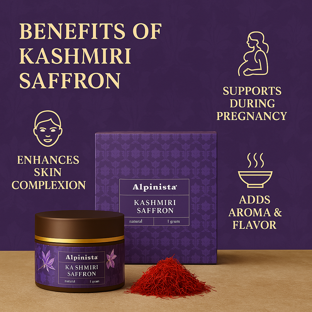 Alpinista Kashmiri Saffron packaging with benefits listed on a purple background