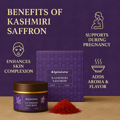 Alpinista Kashmiri Saffron packaging with benefits listed on a purple background