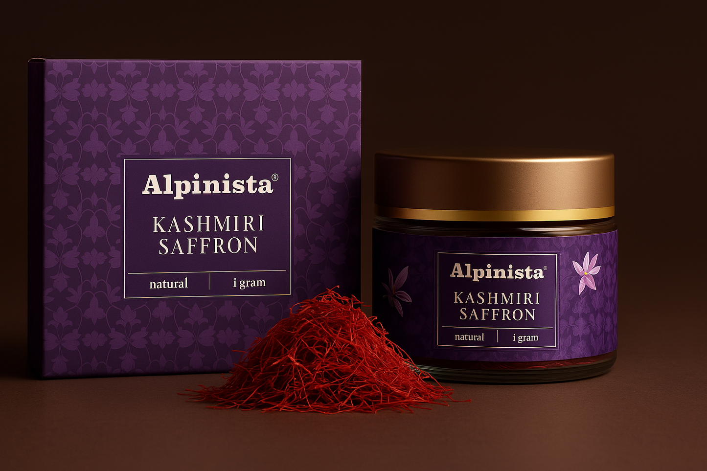 Alpinista Kashmiri Saffron packaging with saffron strands on a dark background