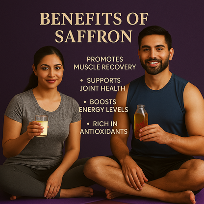 Two people sitting on a purple mat with saffron benefits text on a dark purple background